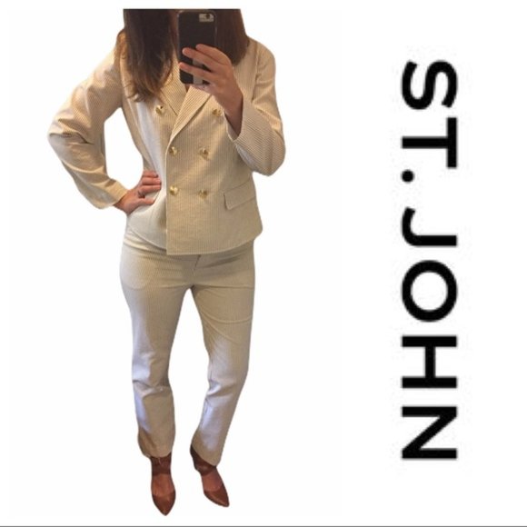 St. John Pants - St. John nautical white seersucker pantsuit set 10
